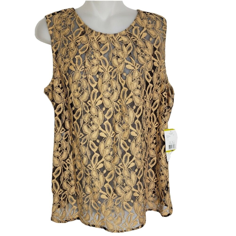 Evan Picone Womens Tank Top Size 14 Mesh Sheer Round Neck Sleeveless Career Tan